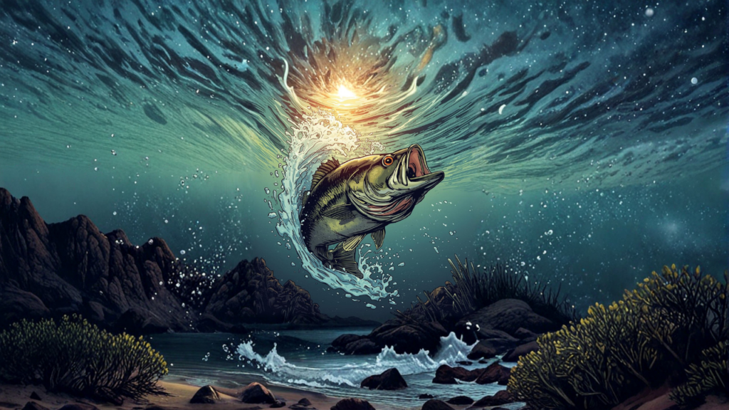 水中からジャンプする迫力あるブラックバスのイラスト。ルアーフィッシングのイメージビジュアル