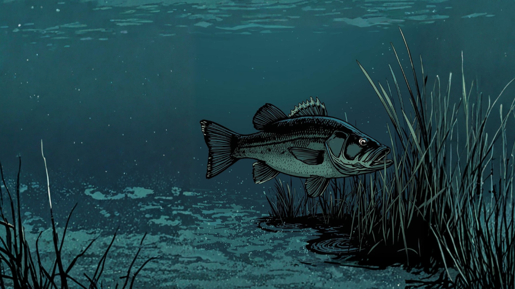 冬でディープに定位するブラックバスと寒いフィールド風景