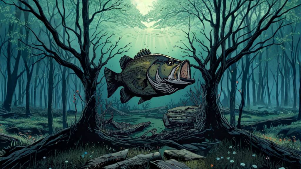 水温が安定するディープエリアに集まる冬のブラックバスとベイトフィッシュの様子を表現した水中イラスト。