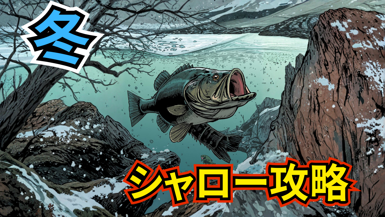 冬のシャローで大型ブラックバスを狙うバス釣りのイメージ。カバー周りに差してくるエネルギッシュなデカバスを表現。