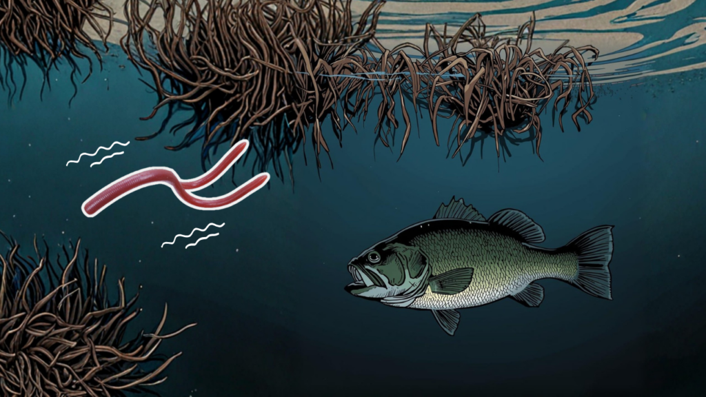 カバーの下でブラックバスがいる。
そのバスをネコリグで誘っている
