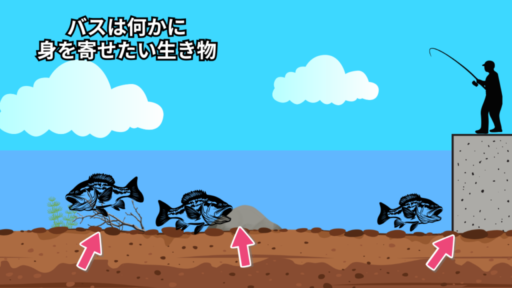 ブラックバスは何かに身を寄せたい生き物。
障害物に寄り添う図を解説した画像