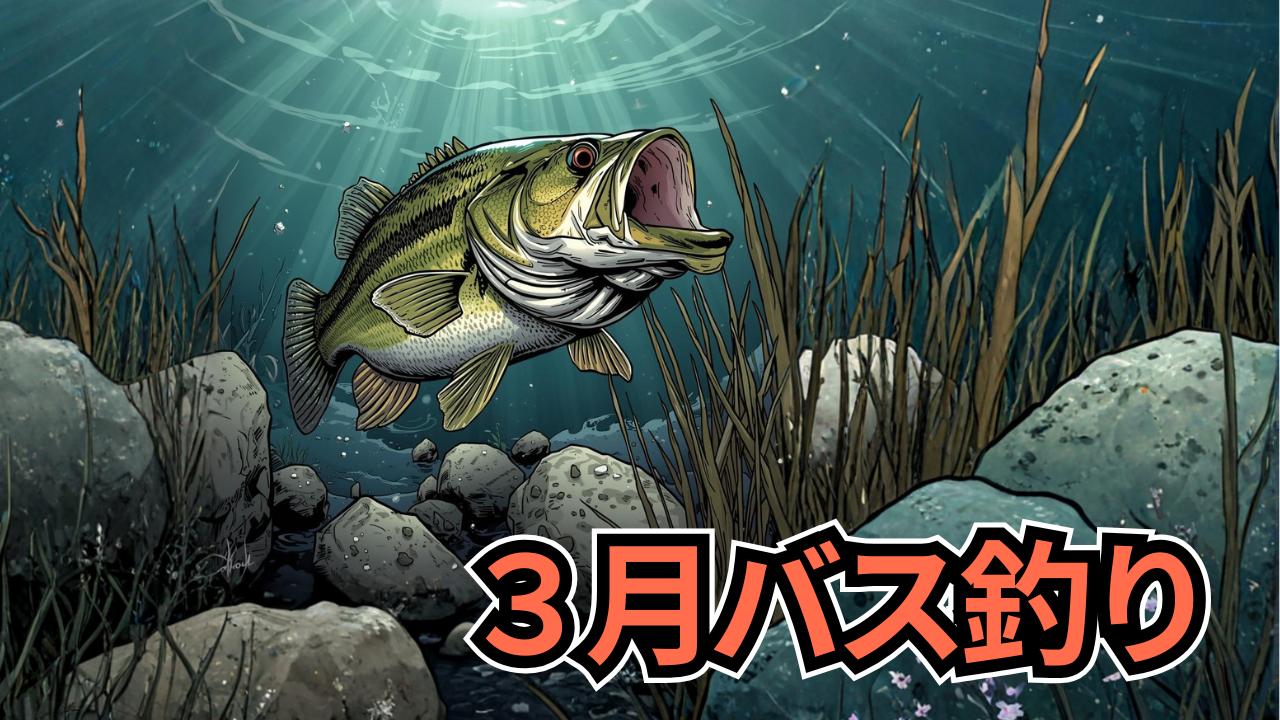 3月バス釣り 春のバス釣りを表現している、ブラックバスが優雅に泳いでいる