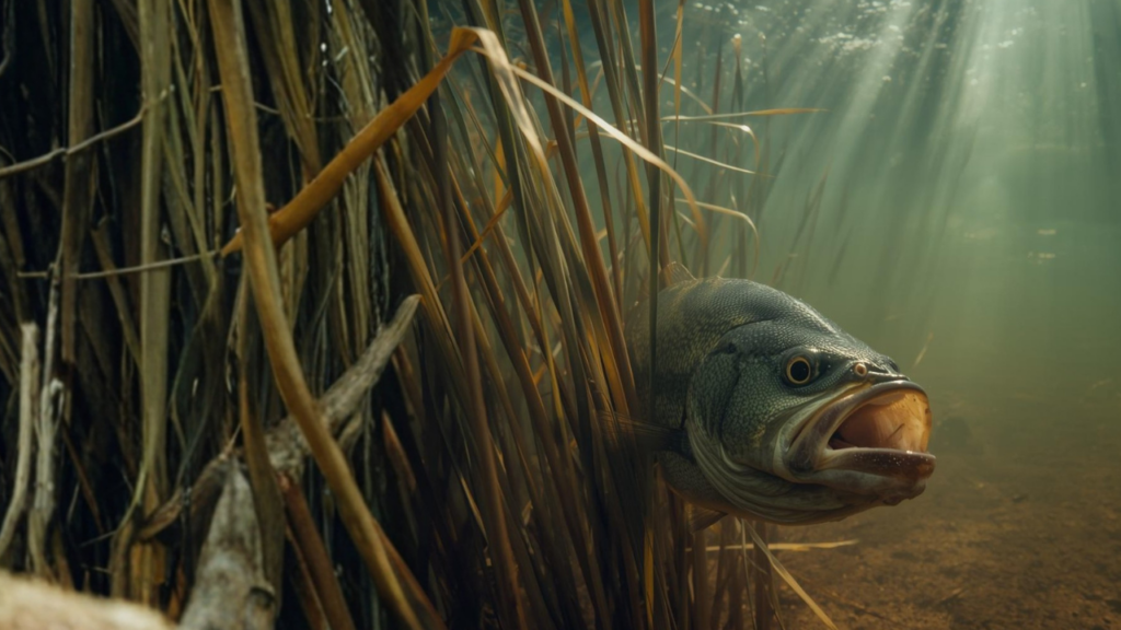 葦に身を隠しているブラックバス
