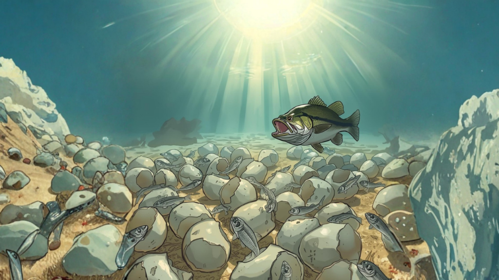 ブラックバスの卵が孵化している様子
