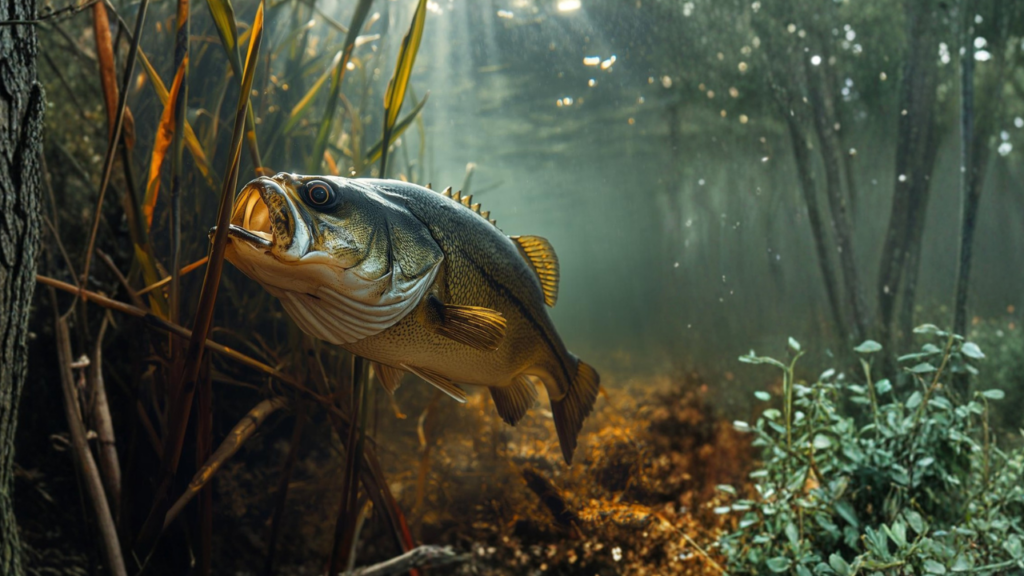 カバーに身を寄せるブラックバス