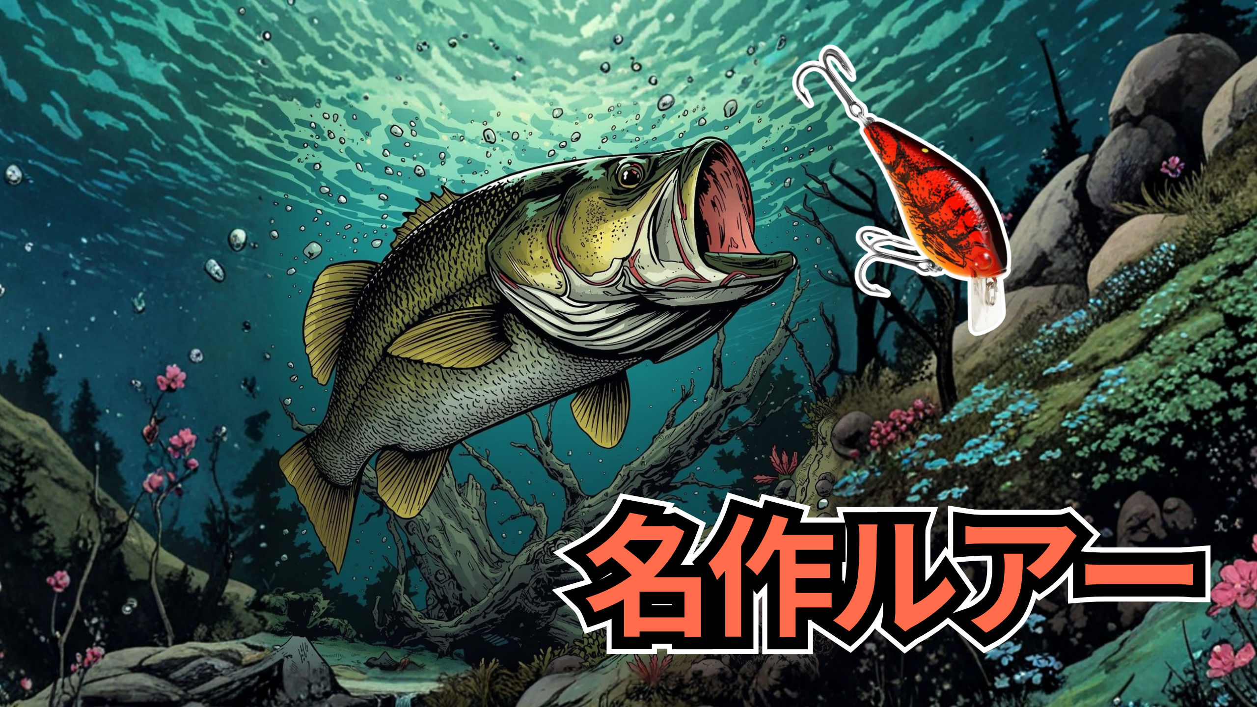 クランクベイトにブラックバスが食いつこうとしている